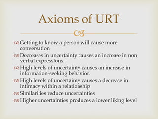 
 Getting to know a person will cause more
conversation
 Decreases in uncertainty causes an increase in non
verbal expressions.
 High levels of uncertainty causes an increase in
information-seeking behavior.
 High levels of uncertainty causes a decrease in
intimacy within a relationship
 Similarities reduce uncertainties
 Higher uncertainties produces a lower liking level
Axioms of URT
 