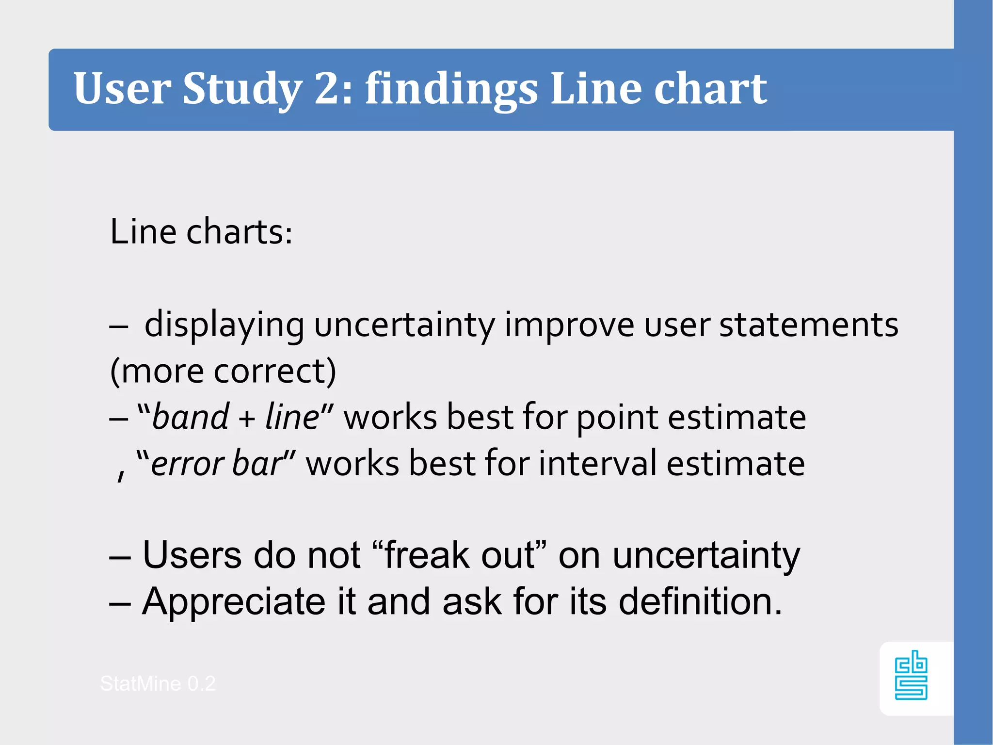 Line charts:
– displaying uncertainty improve user statements
(more correct)
– “band + line” works best for point estimate
, “error bar” works best for interval estimate
– Users do not “freak out” on uncertainty
– Appreciate it and ask for its definition.
User Study 2: findings Line chart
StatMine 0.2
 