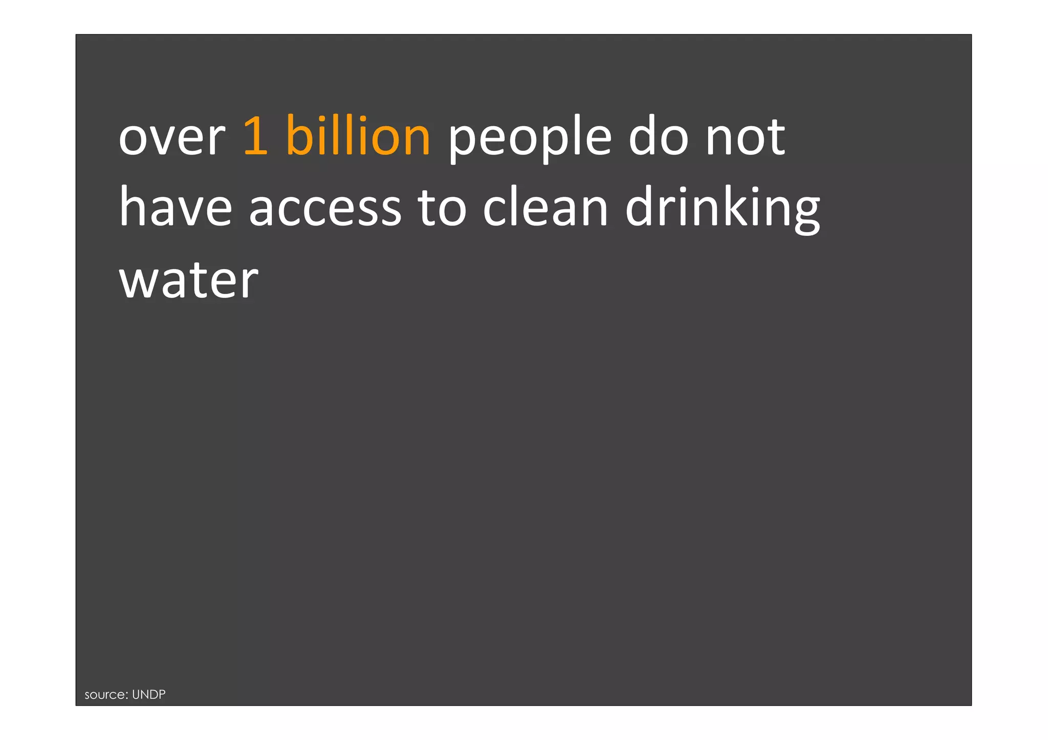 over	
  1	
  billion	
  people	
  do	
  not	
  
    have	
  access	
  to	
  clean	
  drinking	
  
    water	
  
    	
  




source: UNDP
 