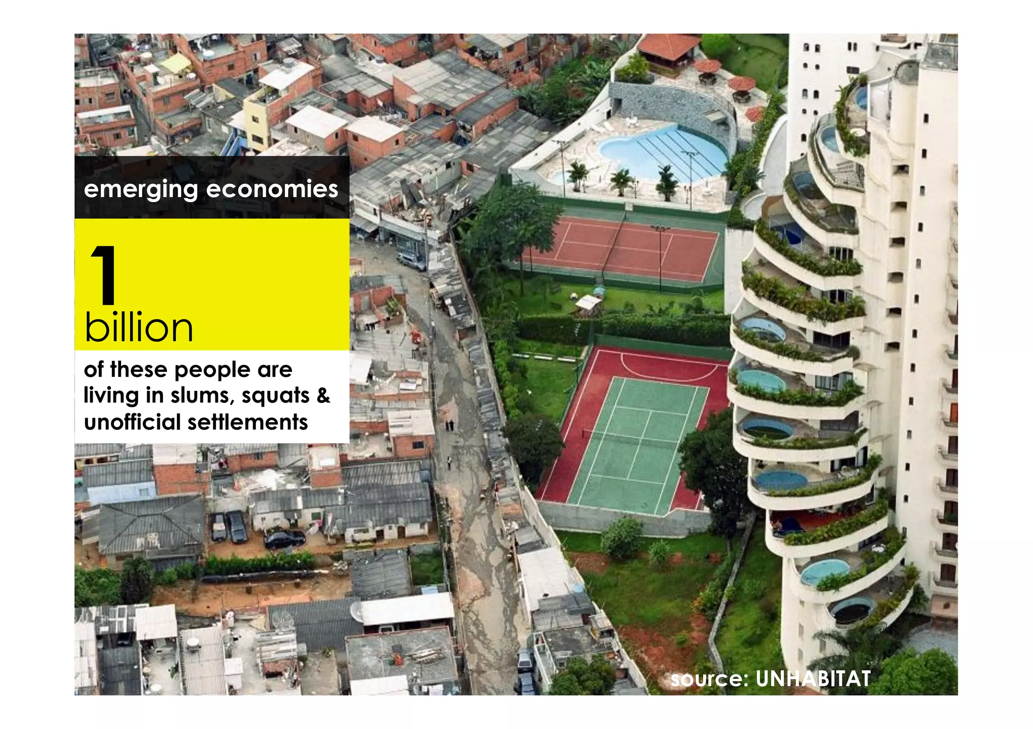emerging economies



1
billion
of these people are
living in slums, squats &
unofficial settlements




                             source: UNHABITAT
 