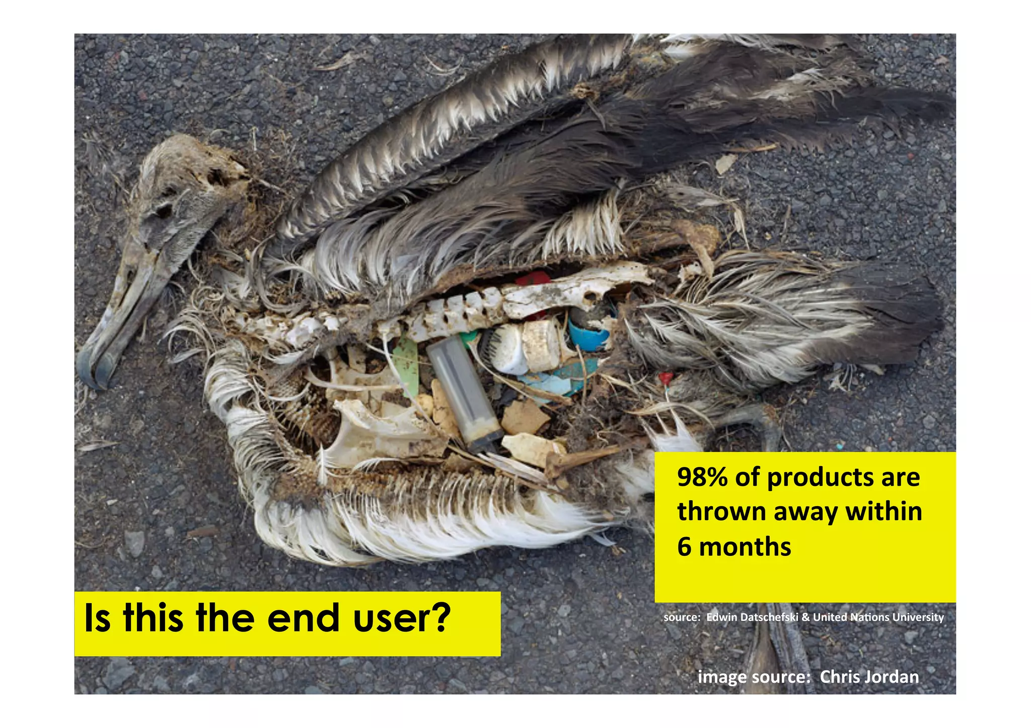  	
  98%	
  of	
  products	
  are	
  	
  
                        	
  	
  thrown	
  away	
  within	
  	
  
                        	
  	
  6	
  months	
  

Is this the end user?   source:	
  	
  Edwin	
  Datschefski	
  &	
  United	
  NaOons	
  University	
  




                                 image	
  source:	
  	
  Chris	
  Jordan	
  
 