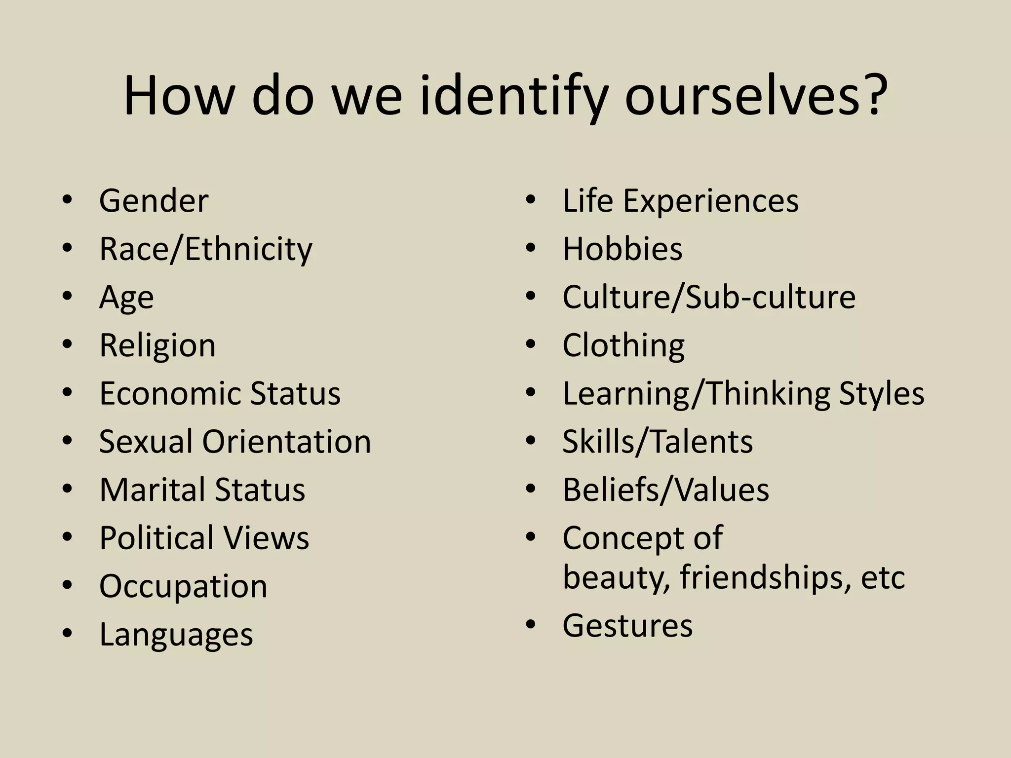 How do we identify ourselves?
• Gender
• Race/Ethnicity
• Age
• Religion
• Economic Status
• Sexual Orientation
• Marital Status
• Political Views
• Occupation
• Languages
• Life Experiences
• Hobbies
• Culture/Sub-culture
• Clothing
• Learning/Thinking Styles
• Skills/Talents
• Beliefs/Values
• Concept of
beauty, friendships, etc
• Gestures
 