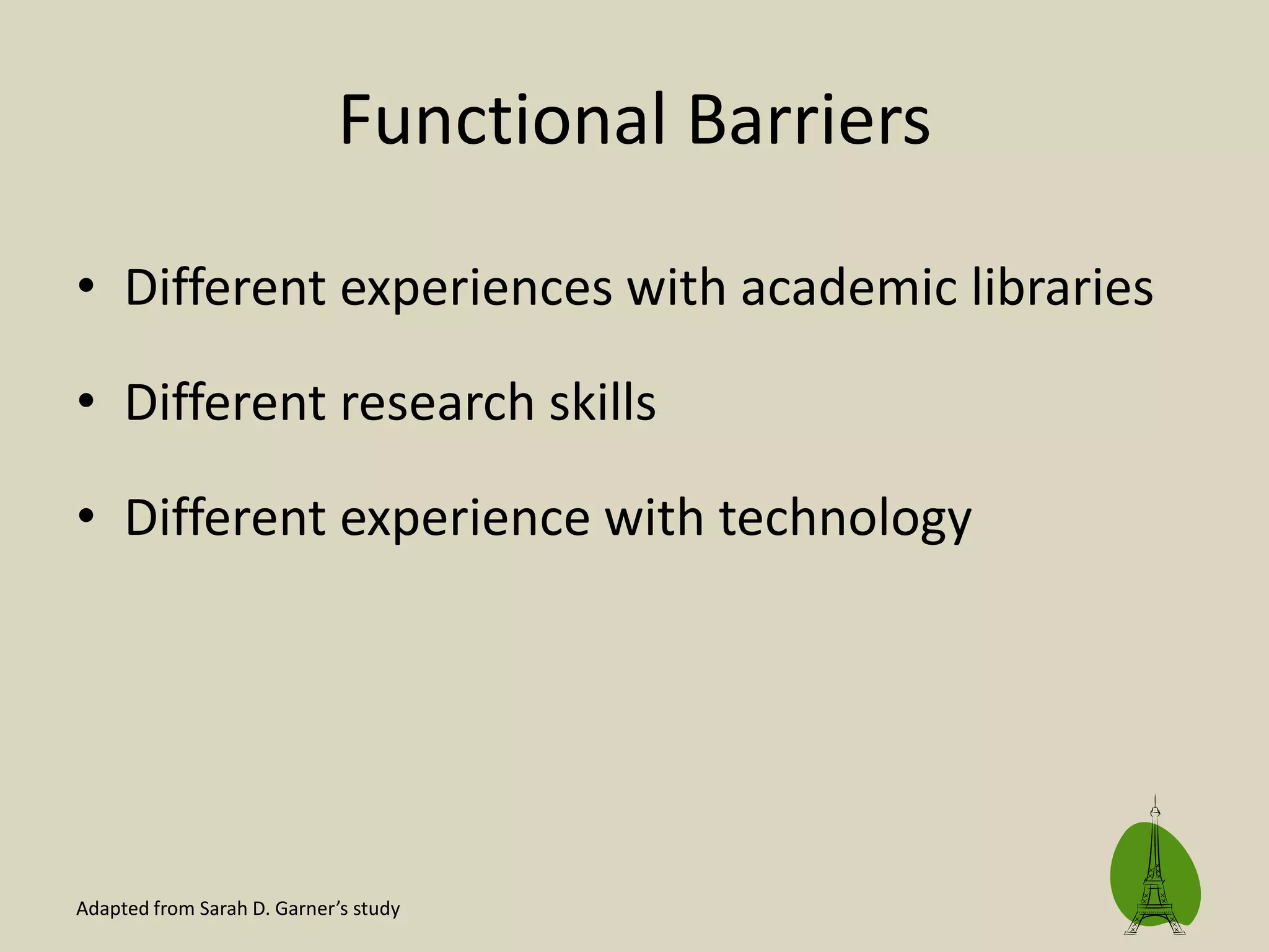 Functional Barriers
• Different experiences with academic libraries
• Different research skills
• Different experience with technology
Adapted from Sarah D. Garner’s study
 
