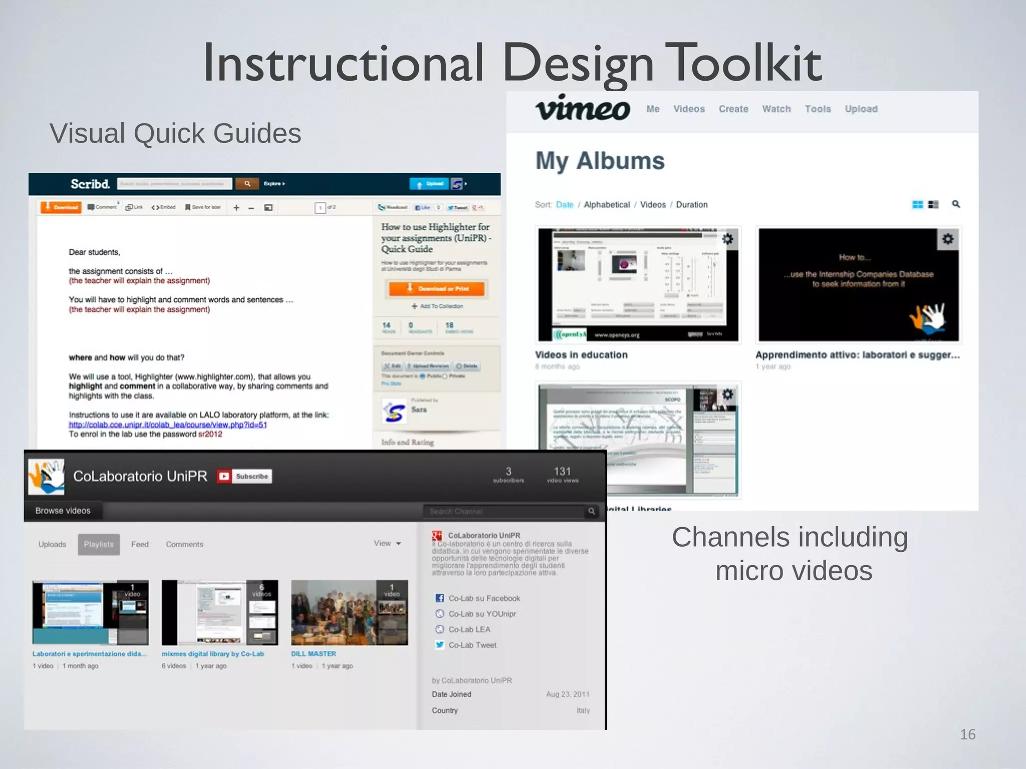 Instructional Design Toolkit
Visual Quick Guides

Channels including
micro videos

16

 