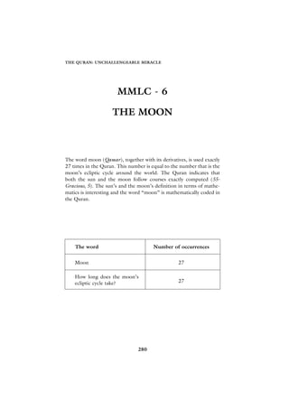 THE QURAN: UNCHALLENGEABLE MIRACLE




                       MMLC - 6

                     THE MOON



The word moon (Qamar), together with its derivatives, is used exactly
27 times in the Quran. This number is equal to the number that is the
moon’s ecliptic cycle around the world. The Quran indicates that
both the sun and the moon follow courses exactly computed (55-
Gracious, 5). The sun’s and the moon’s definition in terms of mathe-
matics is interesting and the word “moon” is mathematically coded in
the Quran.




    The word                           Number of occurrences


    Moon                                          27

    How long does the moon’s
    ecliptic cycle take?                          27




                                280
 