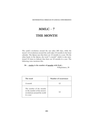 MATHEMATICAL MIRACLES IN LEXICAL CONCORDANCE




                      MMLC - 7

                  THE MONTH



The earth’s revolution around the sun takes 365 days, while the
moon’s 12 revolutions around the earth takes 12 months in the lunar
calendar. The Quran says that there are 12 months in a year. On the
other hand, in the Quran, the word “a month” (shehr) is also men-
tioned 12 times to indicate that there are 12 months in a year. The
following verse mentions this:

  36- ...twelve is the number of months with God...
                                            9-Repentance, 36




    The word                          Number of occurrences

    A month                                      12


    The number of the months
    or the number of the moon’s
                                                 12
    revolutions around the world
    in a year




                               281
 