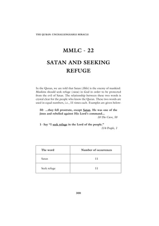 THE QURAN: UNCHALLENGEABLE MIRACLE




                     MMLC - 22

        SATAN AND SEEKING
                        REFUGE


In the Quran, we are told that Satan (Iblis) is the enemy of mankind.
Muslims should seek refuge (euzu) in God in order to be protected
from the evil of Satan. The relationship between these two words is
crystal clear for the people who know the Quran. These two words are
used in equal numbers, i.e., 11 times each. Examples are given below:

   50- ...they fell prostrate, except Satan. He was one of the
   jinns and rebelled against His Lord’s command...
                                                18-The Cave, 50

   1- Say “I seek refuge in the Lord of the people.”
                                                  114-People, 1




    The word                          Number of occurrences


    Satan                                      11


    Seek refuge                                11




                                300
 