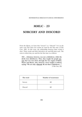 MATHEMATICAL MIRACLES IN LEXICAL CONCORDANCE




                     MMLC - 23

     SORCERY AND DISCORD



From the Quran, we learn that “sorcery” is a “discord.” It is in the
same verse that these two words are used for the first time (2-The
Cow, 102). In this verse, the relationship between these words is
clear. These words and their derivatives are used 60 times each. The
verse in which they are used for the first time is as follows:

   102- ...Solomon, however, was not a disbeliever, while the
   devils were disbelievers. Thus, they taught the people sor-
   cery that was sent down through the two angels of Babel,
   Harut and Marut, who, however, never taught it without
   saying: “We are only a discord. Be not then a disbeliever...”
                                                2-The Cow, 102




    The word                       Number of occurrences


    Sorcery                                   60


    Discord                                   60




                                301
 