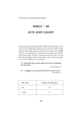 THE QURAN: UNCHALLENGEABLE MIRACLE




                      MMLC - 40

               SUN AND LIGHT



The sun is the most important source of light (noor) that comes to our
world. Even the light (noor) from the moon is the sun’s light because
the moon only reflects the sun’s light. Our sun is the source of light
and heat. The relation between the words “sun” (shams) and “a light”
(noor) is clear and these two words are used 33 times each. The sin-
gular form of light, “a light” is mentioned 33 times. Our sun is just
one of the many light sources in the universe, but it is the most impor-
tant one for us. Below are two examples:

   37- Among His signs are the night and the day, and the sun
   and the moon.
                                             41-Elucidated, 37

   15- ... A light and a perspicacious Book has come to you.
                                                 5-The Feast, 15




    The word                        Number of occurrences


    Sun                                         33


    A light                                     33




                                 318
 