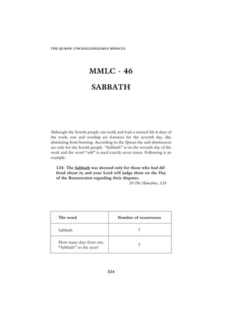 THE QURAN: UNCHALLENGEABLE MIRACLE




                      MMLC - 46

                       SABBATH




Although the Jewish people can work and lead a normal life 6 days of
the week, rest and worship are foreseen for the seventh day, like
abstaining from hunting. According to the Quran the said abstinences
are only for the Jewish people. “Sabbath” is on the seventh day of the
week and the word “sebt” is used exactly seven times. Following is an
example:

   124- The Sabbath was decreed only for those who had dif-
   fered about it; and your Lord will judge them on the Day
   of the Resurrection regarding their disputes.
                                          16-The Honeybee, 124




    The word                          Number of occurrences


    Sabbath                                       7


    How many days from one
                                                  7
    “Sabbath” to the next?




                                324
 