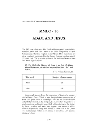 THE QURAN: UNCHALLENGEABLE MIRACLE




                       MMLC - 50

              ADAM AND JESUS


The 59th verse of the sura The Family of Imran points to a similarity
between Adam and Jesus. There is no other comparison like that
between any other two prophets in the Quran. How many times are
these prophets’ names used in the Quran? In equal number, exactly
25 times each. The verse that points to the similarity between Jesus
and Adam is given below:

   59- For God, the likeness of Jesus is as that of Adam,
   whom He created out of dust, then said to him, “Be,” and
   he was.
                                   3-The Family of Imran, 59


    The word                             Number of occurrences


    Adam                                             25


    Jesus                                            25


    Some people declare Jesus the incarnation of God, as he was cre-
ated without a father. This is in total disregard of the omnipotence of
God. God gives Adam as an example, since he was created without
either father or mother. By doing so, God shows how illogical it is to
attribute divine qualities to Jesus. God, while referring to the similar-
ity between Adam and Jesus, also supports this statement with a
numerical symmetry, using both names 25 times each in the Quran.
The mathematical pattern is not limited to this alone. Let’s examine
the table below:


                                  330
 