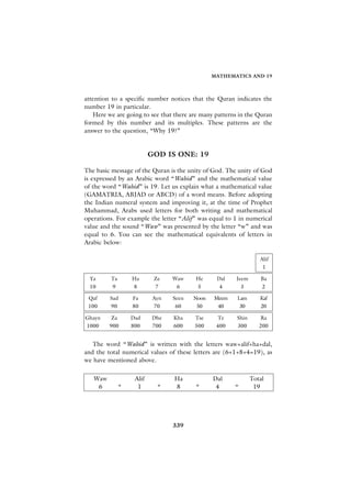 MATHEMATICS AND 19



attention to a specific number notices that the Quran indicates the
number 19 in particular.
   Here we are going to see that there are many patterns in the Quran
formed by this number and its multiples. These patterns are the
answer to the question, “Why 19?”


                          GOD IS ONE: 19

The basic message of the Quran is the unity of God. The unity of God
is expressed by an Arabic word “Wahid” and the mathematical value
of the word “Wahid” is 19. Let us explain what a mathematical value
(GAMATRIA, ABJAD or ABCD) of a word means. Before adopting
the Indian numeral system and improving it, at the time of Prophet
Muhammad, Arabs used letters for both writing and mathematical
operations. For example the letter “Alif” was equal to 1 in numerical
value and the sound “Waw” was presented by the letter “w” and was
equal to 6. You can see the mathematical equivalents of letters in
Arabic below:

                                                                  Alif
                                                                   1

  Ya     Ta       Ha       Ze    Waw     He     Dal    Jeem       Ba
  10     9        8        7      6      5       4       3        2

 Qaf     Sad      Fa       Ayn   Seen   Noon   Meem     Lam       Kaf
 100     90       80       70     60     50     40       30       20

Ghayn    Za       Dad     Dhe    Kha    Tse     Te      Shin      Ra
1000     900      800     700    600    500     400     300       200


   The word “Wahid” is written with the letters waw+alif+ha+dal,
and the total numerical values of these letters are (6+1+8+4=19), as
we have mentioned above.

   Waw             Alif          Ha            Dal             Total
    6         +     1       +    8       +      4      =        19




                                 339
 