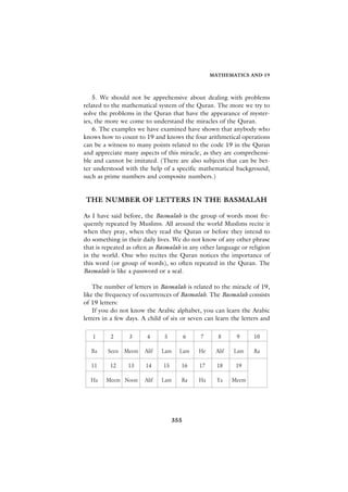 MATHEMATICS AND 19



    5. We should not be apprehensive about dealing with problems
related to the mathematical system of the Quran. The more we try to
solve the problems in the Quran that have the appearance of myster-
ies, the more we come to understand the miracles of the Quran.
    6. The examples we have examined have shown that anybody who
knows how to count to 19 and knows the four arithmetical operations
can be a witness to many points related to the code 19 in the Quran
and appreciate many aspects of this miracle, as they are comprehensi-
ble and cannot be imitated. (There are also subjects that can be bet-
ter understood with the help of a specific mathematical background,
such as prime numbers and composite numbers.)


 THE NUMBER OF LETTERS IN THE BASMALAH

As I have said before, the Basmalah is the group of words most fre-
quently repeated by Muslims. All around the world Muslims recite it
when they pray, when they read the Quran or before they intend to
do something in their daily lives. We do not know of any other phrase
that is repeated as often as Basmalah in any other language or religion
in the world. One who recites the Quran notices the importance of
this word (or group of words), so often repeated in the Quran. The
Basmalah is like a password or a seal.

    The number of letters in Basmalah is related to the miracle of 19,
like the frequency of occurrences of Basmalah. The Basmalah consists
of 19 letters:
    If you do not know the Arabic alphabet, you can learn the Arabic
letters in a few days. A child of six or seven can learn the letters and




                                 355
 