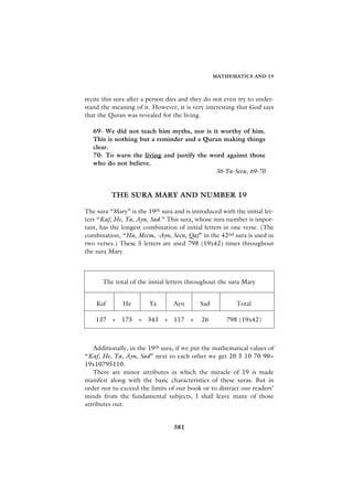 MATHEMATICS AND 19



recite this sura after a person dies and they do not even try to under-
stand the meaning of it. However, it is very interesting that God says
that the Quran was revealed for the living.

   69- We did not teach him myths, nor is it worthy of him.
   This is nothing but a reminder and a Quran making things
   clear.
   70- To warn the living and justify the word against those
   who do not believe.
                                           36-Ya-Seen, 69-70


          THE SURA MARY AND NUMBER 19

The sura “Mary” is the 19th sura and is introduced with the initial let-
ters “Kaf, He, Ya, Ayn, Sad.” This sura, whose sura number is impor-
tant, has the longest combination of initial letters in one verse. (The
combination, “Ha, Meem, -Ayn, Seen, Qaf” in the 42nd sura is used in
two verses.) These 5 letters are used 798 (19x42) times throughout
the sura Mary.



      The total of the initial letters throughout the sura Mary


    Kaf       He        Ya       Ayn        Sad          Total

    137 + 175 + 343 + 117 +                 26        798 (19x42)



    Additionally, in the 19th sura, if we put the mathematical values of
“Kaf, He, Ya, Ayn, Sad” next to each other we get 20 5 10 70 90=
19x10795110.
    There are minor attributes in which the miracle of 19 is made
manifest along with the basic characteristics of these suras. But in
order not to exceed the limits of our book or to distract our readers’
minds from the fundamental subjects, I shall leave many of those
attributes out.


                                 381
 