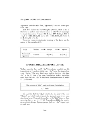 THE QURAN: UNCHALLENGEABLE MIRACLE



“Quranen” and the other form, “Quranehu,” attached to the pro-
noun “He”).
    And, if we examine the word “taught” (Alleme), which is also in
the verse, to see how many times it is used to refer “God’s teaching,”
we reach the number 19 (see 2-31, 2-32, 2-239, 2-251, 2-282, 4-
113, 5-4, 5-110, 12-37, 12-68, 12-101, 18-65, 21-80, 36-69, 53-5,
55-2, 55-4, 96-4, 96-5).
    These two verses mentioning the teaching of the Quran are also
related to the multiples of 19.



   Word            Gracious              Taught                  Quran

  Number of       57(19x3)               19(19x1)            57(19x3)
  repetitions




         ENDLESS MIRACLES IN ONE LETTER

We have seen that there are 57 “Qaf” letters in the sura Qaf, and this
is a multiple of 19, and the initial letter “Qaf” is the first letter of the
word “Quran.” The letter Qaf is also used in the form “Ayn-Seen-
Qaf” in the 2nd verse of the sura Consultation. Make a guess how
many times the letter “Qaf” is used in the sura Consultation. It is used
57 (19x3) times.


        The number of “Qaf”s used in the sura Consultation

                                57 (19x3)


    It is seen that the letter “Qaf,” which is the first letter of the word
“Quran,” and which itself represents the Quran, is used in two suras
as an initial letter. If we add the numbers of the “Qaf” letters in these
suras together, we get 114 (19x6). As you know, 114 is the number
of suras in the Quran. This means that the letter “Qaf” is used once
for each sura.


                                   386
 