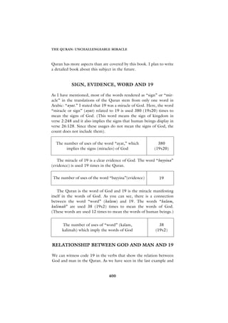 THE QURAN: UNCHALLENGEABLE MIRACLE



Quran has more aspects than are covered by this book. I plan to write
a detailed book about this subject in the future.


           SIGN, EVIDENCE, WORD AND 19

As I have mentioned, most of the words rendered as “sign” or “mir-
acle” in the translations of the Quran stem from only one word in
Arabic: “ayat.” I stated that 19 was a miracle of God. Here, the word
“miracle or sign” (ayat) related to 19 is used 380 (19x20) times to
mean the signs of God. (This word means the sign of kingdom in
verse 2:248 and it also implies the signs that human beings display in
verse 26:128. Since these usages do not mean the signs of God, the
count does not include them).

  The number of uses of the word “ayat,” which               380
       implies the signs (miracles) of God                 (19x20)

   The miracle of 19 is a clear evidence of God. The word “bayyina”
(evidence) is used 19 times in the Quran.


The number of uses of the word “bayyina”(evidence)           19


    The Quran is the word of God and 19 is the miracle manifesting
itself in the words of God. As you can see, there is a connection
between the word “word” (kalam) and 19. The words “kalam,
kalimah” are used 38 (19x2) times to mean the words of God.
(These words are used 12 times to mean the words of human beings.)


      The number of uses of “word” (kalam,                   38
      kalimah) which imply the words of God                (19x2)


RELATIONSHIP BETWEEN GOD AND MAN AND 19

We can witness code 19 in the verbs that show the relation between
God and man in the Quran. As we have seen in the last example and


                                400
 