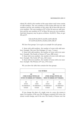 MATHEMATICS AND 19



obtain 54, which is the number of the suras whose total verses consist
of odd numbers. The sura numbers of 30 of these 60 suras are odd
numbers and the sura numbers of the other 30 of these 60 suras are
even numbers. The sura numbers of 27 of the 54 suras are odd num-
bers and the sura numbers of 27 of these 54 suras are even numbers.
And their frequency may be given as follows: 3x(10+9). Thus, we get
30 and 27.

             114=6x19=6x(10+9)=(6x10)+(6x9)=60+54
              57=3x19=3x(10+9)=(3x10)+(3x9)=30+27

   We have four groups. Let us give an example for each group:

   1. Suras with odd numbers- the number of verses with odd       num-
bers. Example: The sura The Prologue (1st sura, 7 verses)
   2. Suras with odd numbers- the number of verses with even      num-
bers. Example: The Family of Imran (3rd sura, 200 verses)
   3. Suras with even numbers- the number of verses with odd      num-
bers. Example: The Cattle (6th sura, 165 verses)
   4. Suras with even numbers- the number of verses with even     num-
bers. Example: The Women (4th sura, 176 verses)

   We can show the table that contains the four groups:


                             114 SURAS

           60                                 54
   (THE SURAS WITH AN                 (THE SURAS WITH AN
 EVEN NUMBER OF VERSES)              ODD NUMBER OF VERSES)

      30                30               27                 27
    EVEN               ODD             EVEN                ODD
  NUMBERED          NUMBERED         NUMBERED           NUMBERED
    SURAS             SURAS            SURAS              SURAS


   If you change the place of a single verse in a sura, the system is
upset. For instance, if the sura The Prologue consisted of 8 verses, the
system would change, and if the sura The Family of Imran were the


                                 407
 