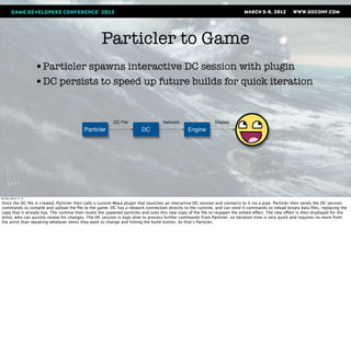 Particler to Game
                       •Particler spawns interactive DC session with plugin
                       •DC persists to speed up future builds for quick iteration


                                                        .DC File                  Network                   Display
                                          Particler                    DC                     Engine




Monday, March 12, 12

Once the DC ﬁle is created, Particler then calls a custom Maya plugin that launches an interactive DC session and connects to it via a pipe. Particler then sends the DC session
commands to compile and upload the ﬁle to the game. DC has a network connection directly to the runtime, and can send it commands to reload binary data ﬁles, replacing the
copy that it already has. The runtime then resets the spawned particles and uses this new copy of the ﬁle to respawn the edited effect. The new effect is then displayed for the
artist, who can quickly review his changes. The DC session is kept alive to process further commands from Particler, so iteration time is very quick and requires no more from
the artist than tweaking whatever items they want to change and hitting the build button. So that’s Particler.
 