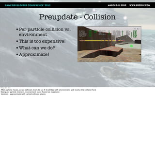 Preupdate - Collision
                       •Per particle collision vs.
                        environment
                       •This is too expensive!
                       •What can we do?
                       •Approximate!




Monday, March 12, 12

After particle moves, we do collision check to see if it collides with environment, and resolve the collision here
Doing per particle check vs. environment every frame too expensive
Solution - approximate with cached collision planes
 