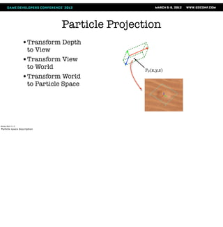 Particle Projection
                       •Transform Depth
                        to View
                       •Transform View
                        to World                  Pp(x,y,z)
                       •Transform World
                        to Particle Space




Monday, March 12, 12

Particle space description
 