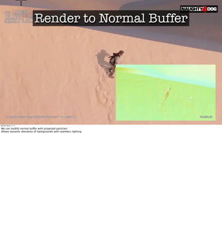 Render to Normal Buffer




Monday, March 12, 12

We can modify normal buffer with projected particles!
Allows dynamic alteration of backgrounds with seamless lighting
 