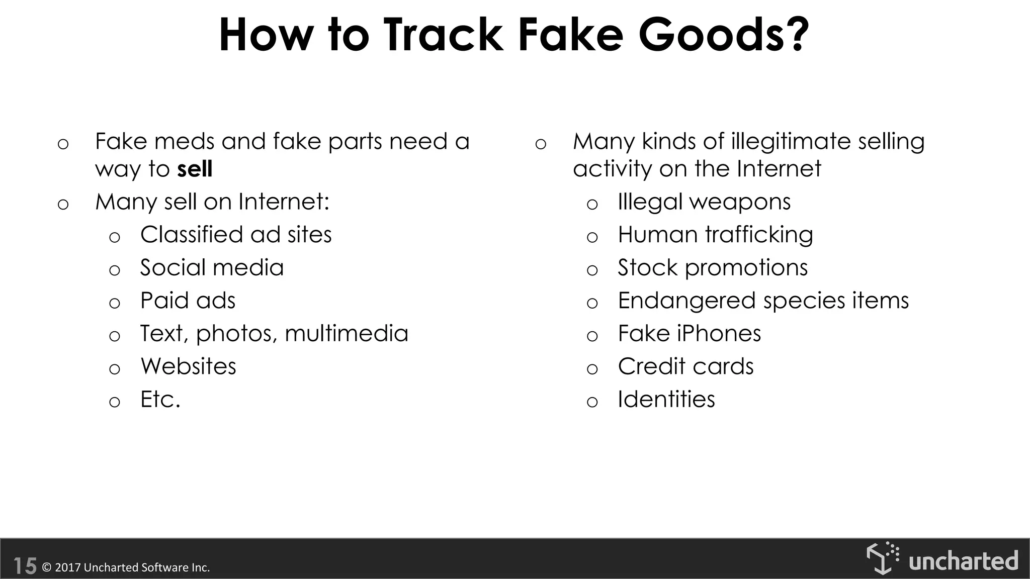 © 2017 Uncharted Software Inc.
How to Track Fake Goods?
o Fake meds and fake parts need a
way to sell
o Many sell on Internet:
o Classified ad sites
o Social media
o Paid ads
o Text, photos, multimedia
o Websites
o Etc.
o Many kinds of illegitimate selling
activity on the Internet
o Illegal weapons
o Human trafficking
o Stock promotions
o Endangered species items
o Fake iPhones
o Credit cards
o Identities
 