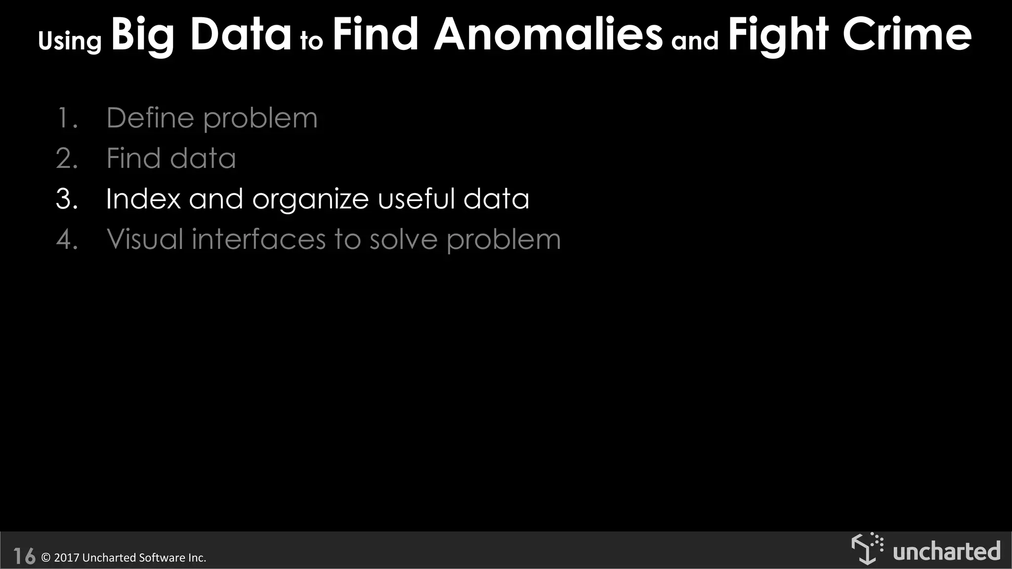 © 2017 Uncharted Software Inc.
Using Big Data to Find Anomaliesand Fight Crime
1. Define problem
2. Find data
3. Index and organize useful data
4. Visual interfaces to solve problem
 