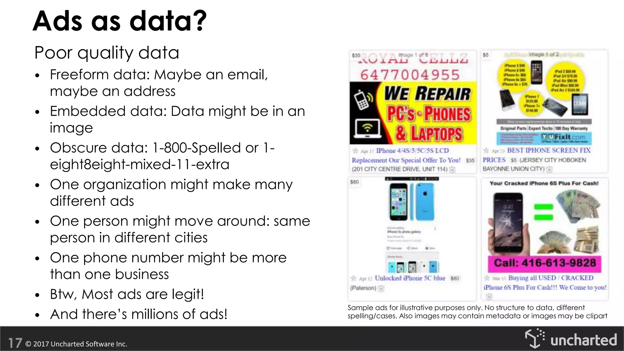 © 2017 Uncharted Software Inc.
Ads as data?
Poor quality data
• Freeform data: Maybe an email,
maybe an address
• Embedded data: Data might be in an
image
• Obscure data: 1-800-Spelled or 1-
eight8eight-mixed-11-extra
• One organization might make many
different ads
• One person might move around: same
person in different cities
• One phone number might be more
than one business
• Btw, Most ads are legit!
• And there’s millions of ads!
Sample ads for illustrative purposes only. No structure to data, different
spelling/cases. Also images may contain metadata or images may be clipart
 