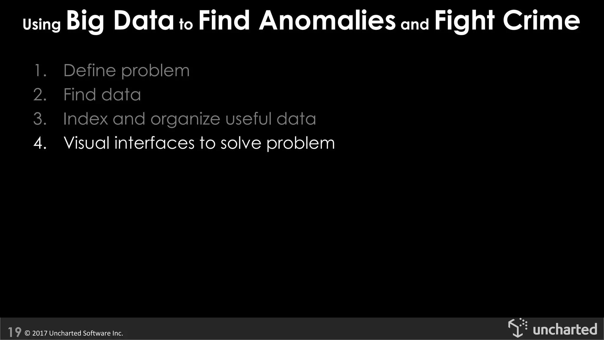© 2017 Uncharted Software Inc.
Using Big Data to Find Anomaliesand Fight Crime
1. Define problem
2. Find data
3. Index and organize useful data
4. Visual interfaces to solve problem
 