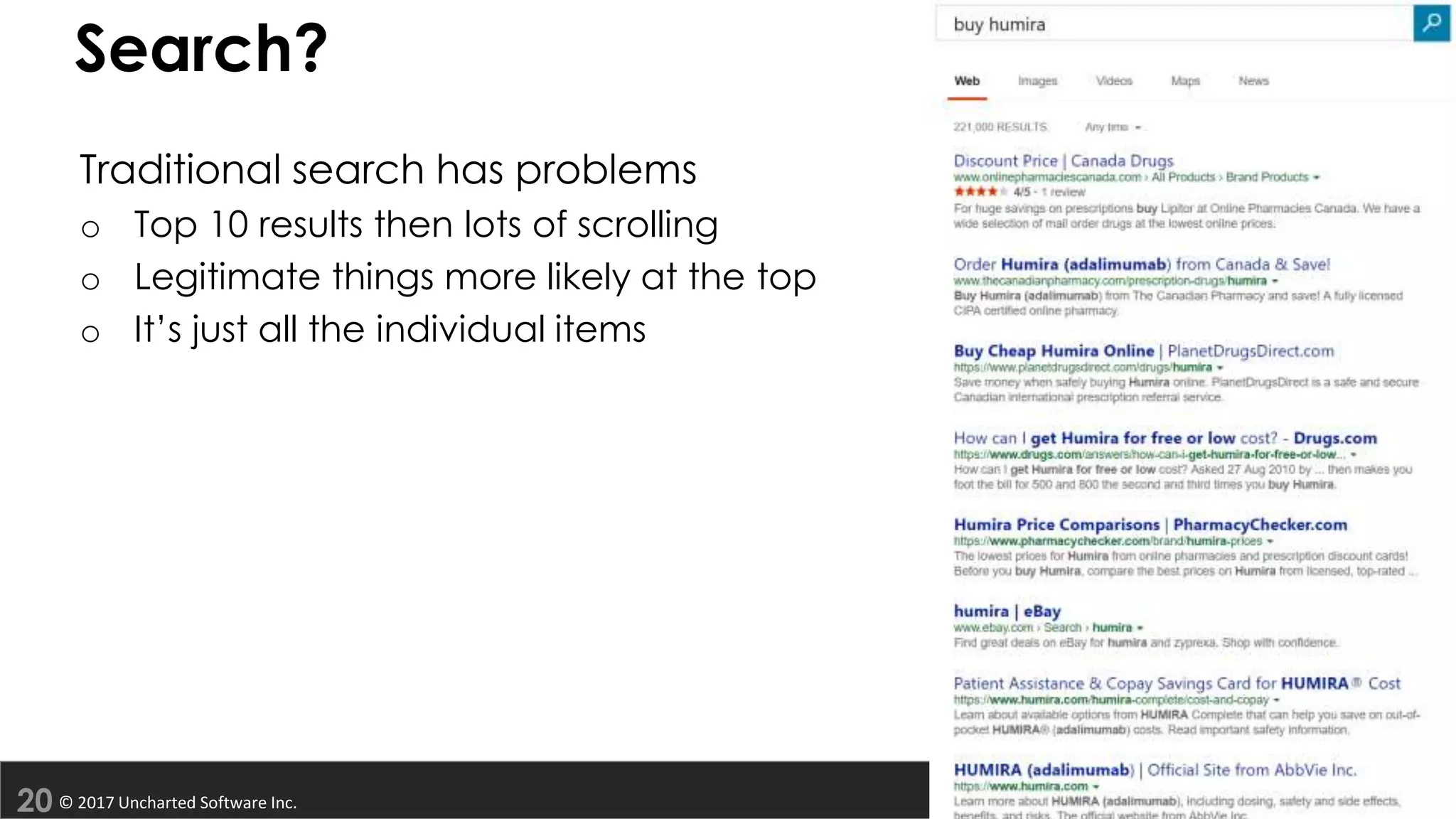 © 2017 Uncharted Software Inc.
Search?
Traditional search has problems
o Top 10 results then lots of scrolling
o Legitimate things more likely at the top
o It’s just all the individual items
 