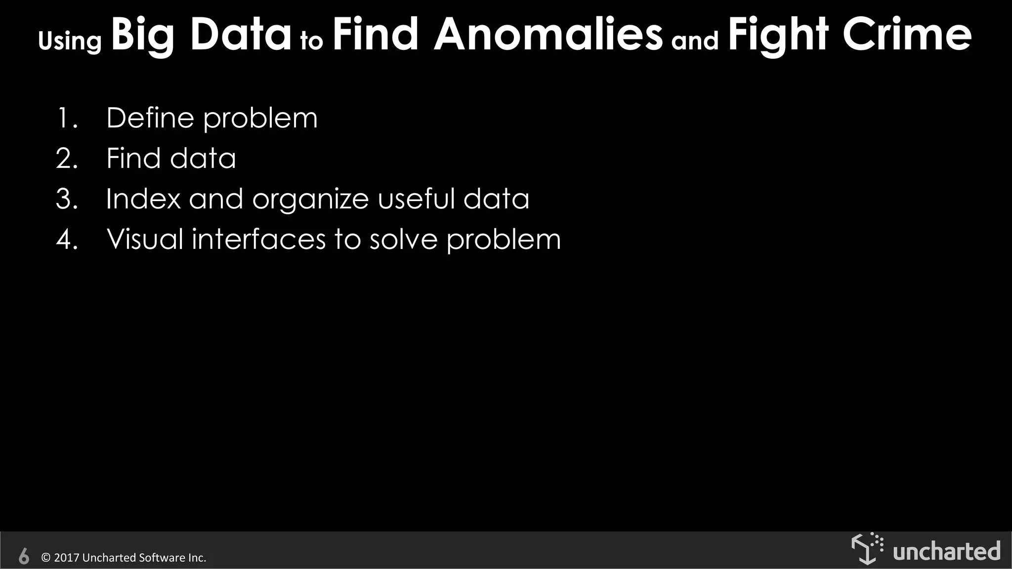 © 2017 Uncharted Software Inc.
Using Big Data to Find Anomaliesand Fight Crime
1. Define problem
2. Find data
3. Index and organize useful data
4. Visual interfaces to solve problem
 