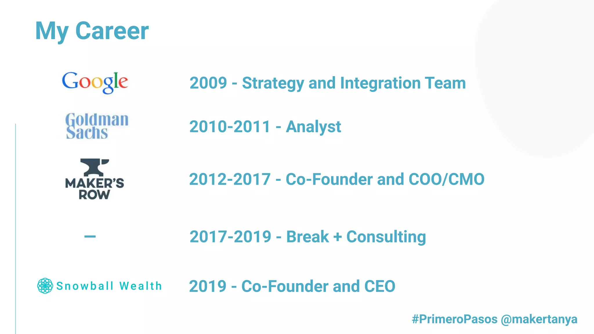 My Career
2009 - Strategy and Integration Team
#PrimeroPasos @makertanya
2012-2017 - Co-Founder and COO/CMO
2019 - Co-Founder and CEO
2010-2011 - Analyst
2017-2019 - Break + Consulting—
 