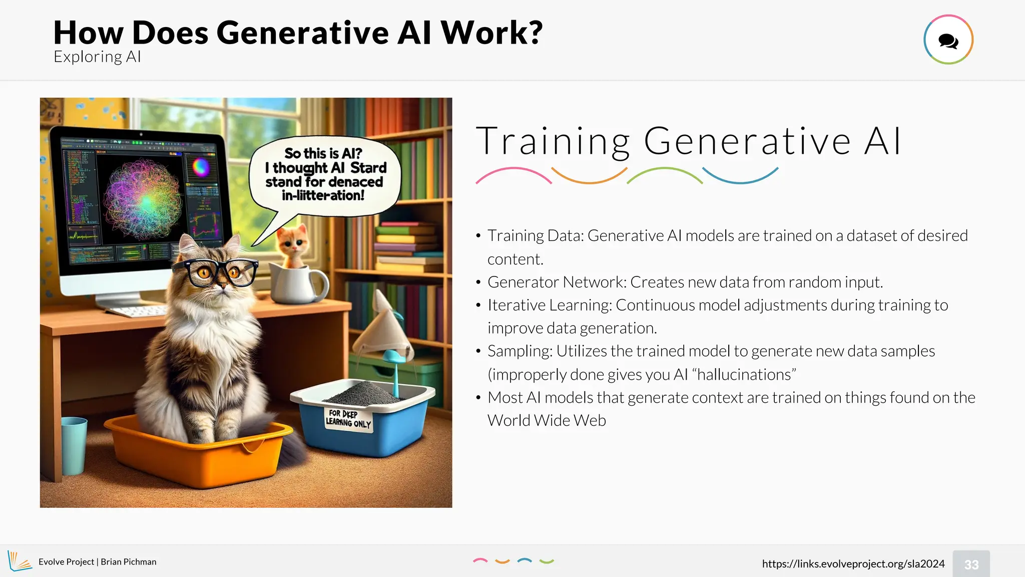 Evolve Project | Brian Pichman
33
https://links.evolveproject.org/sla2024
Exploring AI
How Does Generative AI Work? 
• Training Data: Generative AI models are trained on a dataset of desired
content.
• Generator Network: Creates new data from random input.
• Iterative Learning: Continuous model adjustments during training to
improve data generation.
• Sampling: Utilizes the trained model to generate new data samples
(improperly done gives you AI “hallucinations”
• Most AI models that generate context are trained on things found on the
World Wide Web
Training Generative AI
 