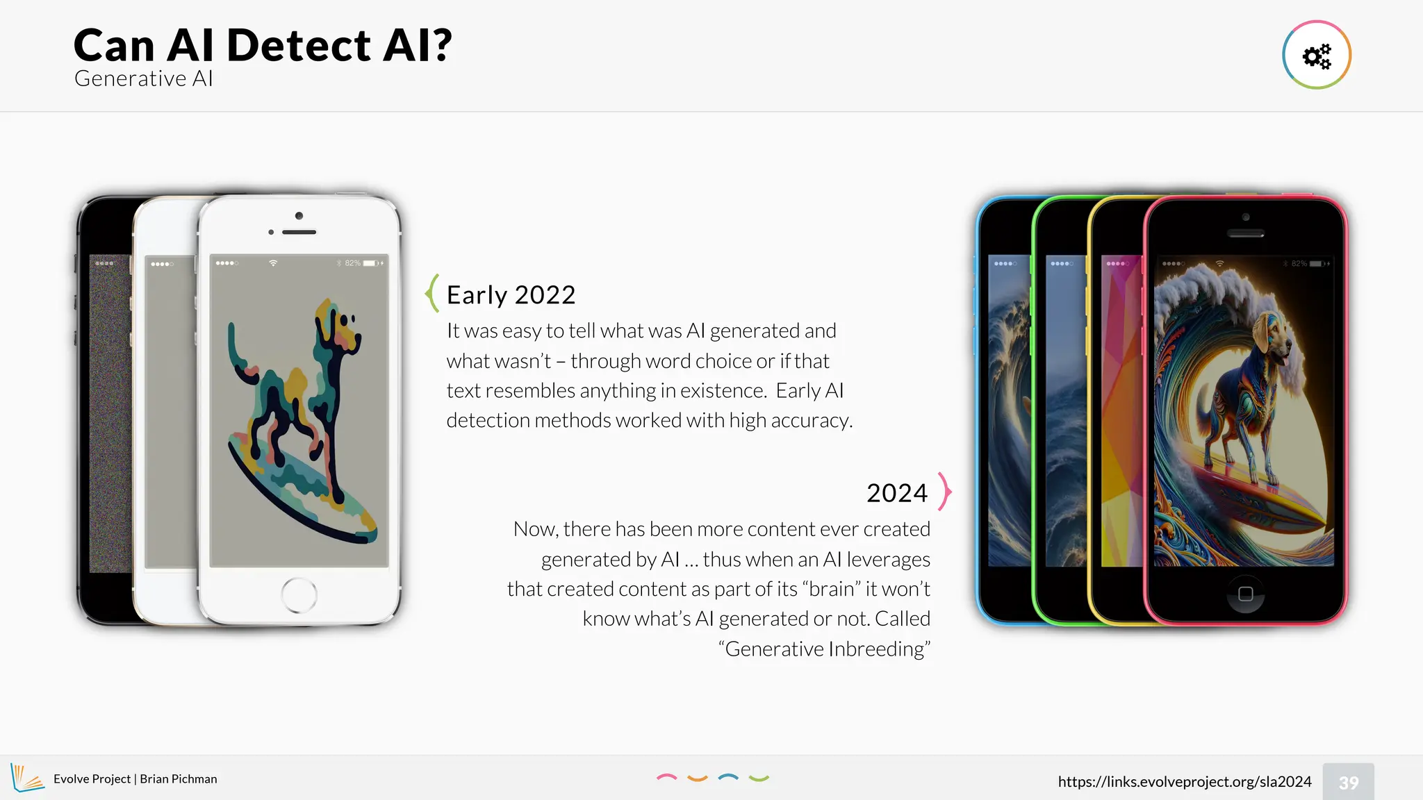 Evolve Project | Brian Pichman
39
https://links.evolveproject.org/sla2024
Generative AI
Can AI Detect AI? 


It was easy to tell what was AI generated and
what wasn’t – through word choice or ifthat
text resembles anything in existence. Early AI
detection methods worked with high accuracy.
Early 2022
2024
Now, there has been more content ever created
generated by AI … thus when an AI leverages
that created content as part of its “brain” it won’t
know what’s AI generated or not. Called
“Generative Inbreeding”
 