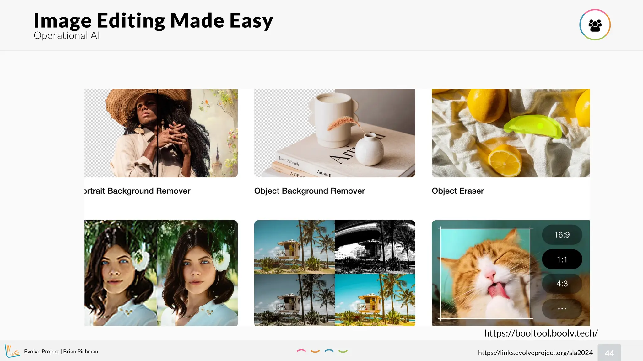 Evolve Project | Brian Pichman
44
https://links.evolveproject.org/sla2024
Operational AI
Image Editing Made Easy 
https://booltool.boolv.tech/
 