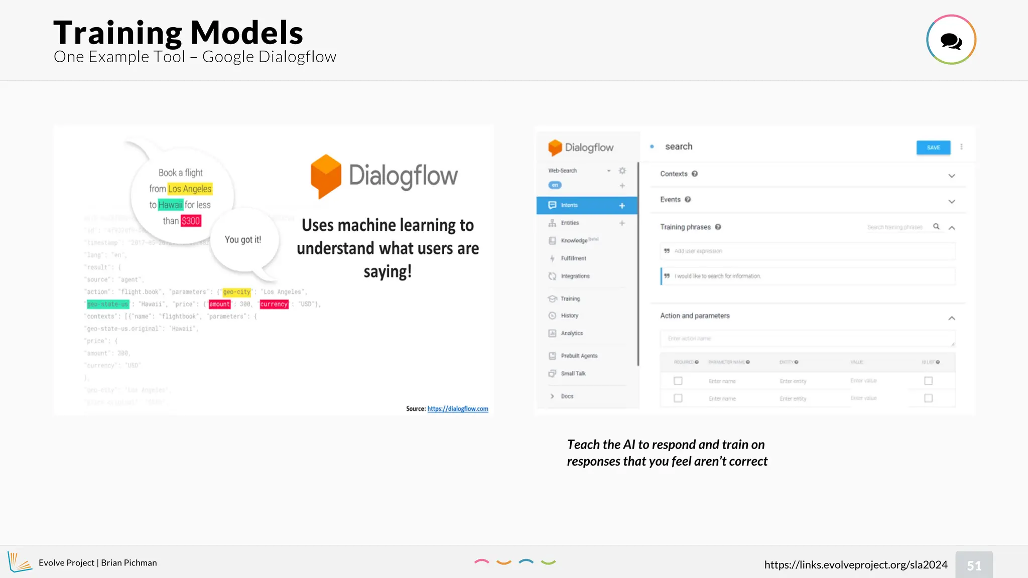 Evolve Project | Brian Pichman
51
https://links.evolveproject.org/sla2024
One Example Tool – Google Dialogflow
Training Models 
Teach the AI to respond and train on
responses that you feel aren’t correct
 