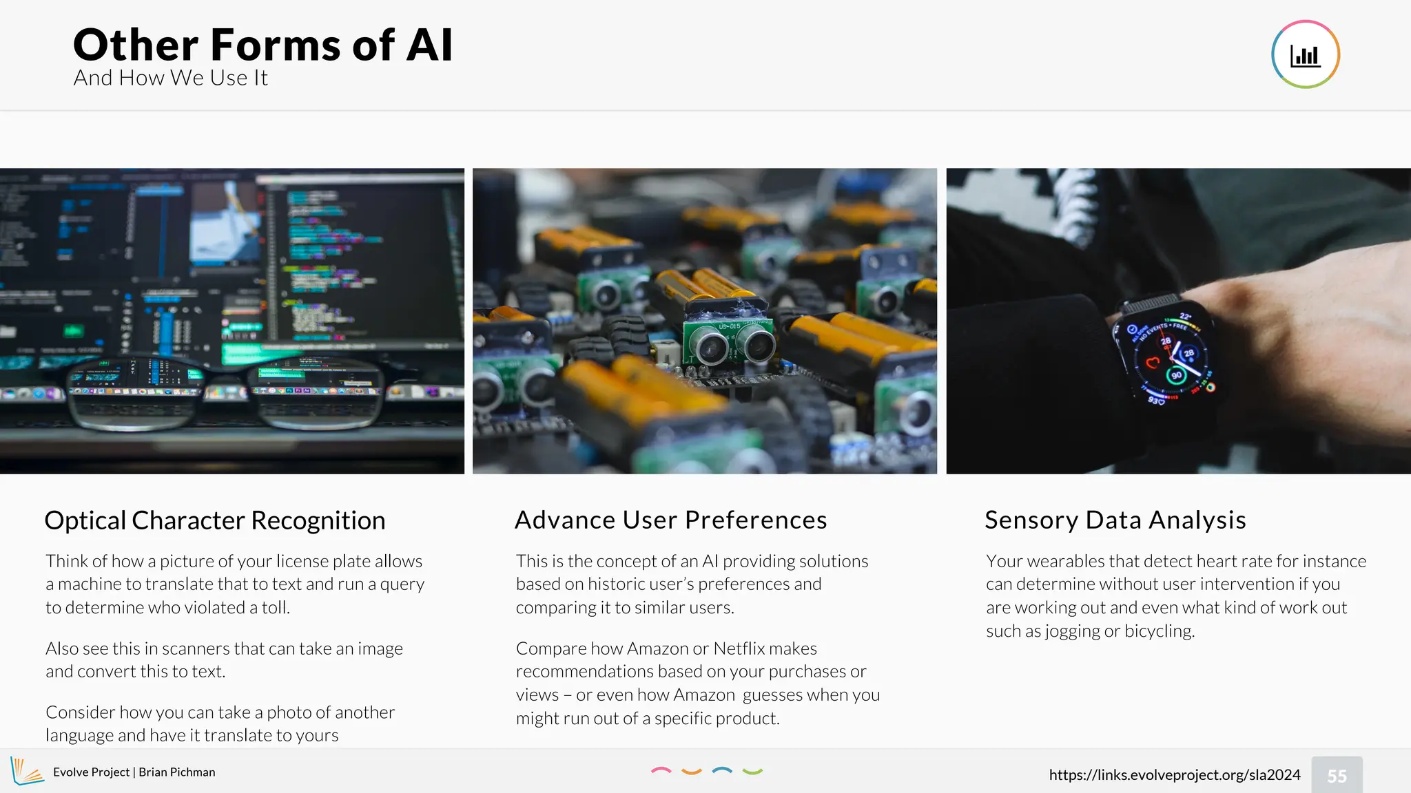 Evolve Project | Brian Pichman
55
https://links.evolveproject.org/sla2024
And How We Use It
Other Forms of AI 
Optical Character Recognition
Think of how a picture of your license plate allows
a machine to translate that to text and run a query
to determine who violated a toll.
Also see this in scanners that can take an image
and convert this to text.
Consider how you can take a photo of another
language and have it translate to yours
Advance User Preferences
This is the concept of an AI providing solutions
based on historic user’s preferences and
comparing it to similar users.
Compare how Amazon or Netflix makes
recommendations based on your purchases or
views – or even how Amazon guesses when you
might run out of a specific product.
Sensory Data Analysis
Your wearables that detect heart rate for instance
can determine without user intervention if you
are working out and even what kind of work out
such as jogging or bicycling.
 