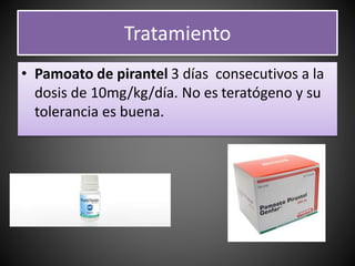 Tratamiento
• Pamoato de pirantel 3 días consecutivos a la
dosis de 10mg/kg/día. No es teratógeno y su
tolerancia es buena.
 
