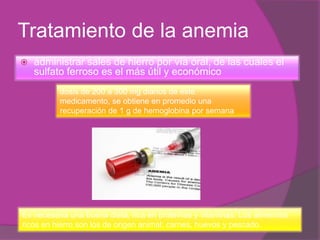 Tratamiento de la anemia 
 administrar sales de hierro por vía oral, de las cuales el 
sulfato ferroso es el más útil y económico 
dosis de 200 a 300 mg diarios de este 
medicamento, se obtiene en promedio una 
recuperación de 1 g de hemoglobina por semana 
Es necesaria una buena dieta, rica en proteínas y vitaminas. Los alimentos 
ricos en hierro son los de origen animal: carnes, huevos y pescado. 
 