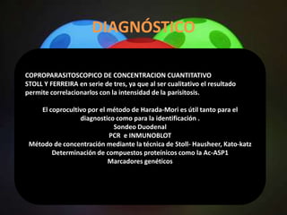 DIAGNÓSTICO

COPROPARASITOSCOPICO DE CONCENTRACION CUANTITATIVO
STOLL Y FERREIRA en serie de tres, ya que al ser cualitativo el resultado
permite correlacionarlos con la intensidad de la parisitosis.

    El coprocultivo por el método de Harada-Mori es útil tanto para el
                 diagnostico como para la identificación .
                            Sondeo Duodenal
                           PCR e INMUNOBLOT
 Método de concentración mediante la técnica de Stoll- Hausheer, Kato-katz
        Determinación de compuestos proteínicos como la Ac-ASP1
                           Marcadores genéticos
 