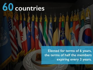 60countries
Elected for terms of 6 years,
the terms of half the members
expiring every 3 years.
