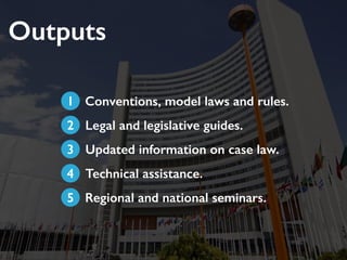 Outputs
Conventions, model laws and rules.
Legal and legislative guides.
Updated information on case law.
Technical assistance.
Regional and national seminars.
1
2
3
4
5