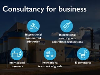 Consultancy for business
International
commercial
arbitration
International
sale of goods
and related transactions
International
payments
International
transport of goods
E-commerce