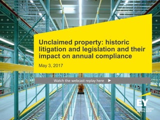 Unclaimed property: historic
litigation and legislation and their
impact on annual compliance
May 3, 2017
Watch the webcast replay here ►
 