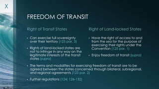 FREEDOM OF TRANSIT 
Right of Transit States 
• The terms and modalities for exercising freedom of transit are to be 
agree...