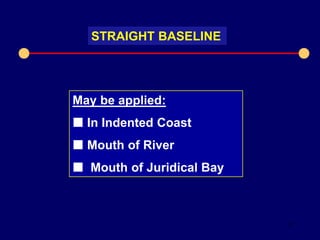 12
STRAIGHT BASELINE
May be applied:
 In Indented Coast
 Mouth of River
 Mouth of Juridical Bay
 