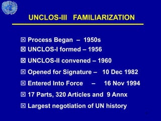 8
UNCLOS-III FAMILIARIZATION
 UNCLOS-I formed – 1956
 UNCLOS-II convened – 1960
 Opened for Signature – 10 Dec 1982
 Entered Into Force – 16 Nov 1994
 17 Parts, 320 Articles and 9 Annx
 Largest negotiation of UN history
 Process Began – 1950s
 