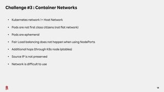 14
Challenge #3 : Container Networks
• Kubernetes network != Host Network
• Pods are not first class citizens (not flat network)
• Pods are ephemeral
• Fair Load balancing does not happen when using NodePorts
• Additional hops (through K8s node Iptables)
• Source IP is not preserved
• Network is difficult to use
 