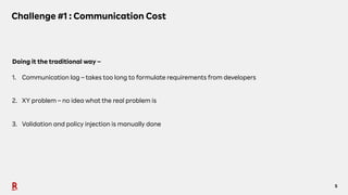 5
Challenge #1 : Communication Cost
Doing it the traditional way –
1. Communication lag – takes too long to formulate requirements from developers
2. XY problem – no idea what the real problem is
3. Validation and policy injection is manually done
 
