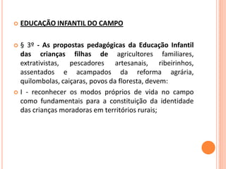    EDUCAÇÃO INFANTIL DO CAMPO

 § 3º - As propostas pedagógicas da Educação Infantil
  das crianças filhas de agricultores familiares,
  extrativistas, pescadores artesanais, ribeirinhos,
  assentados e acampados da reforma agrária,
  quilombolas, caiçaras, povos da floresta, devem:
 I - reconhecer os modos próprios de vida no campo
  como fundamentais para a constituição da identidade
  das crianças moradoras em territórios rurais;
 